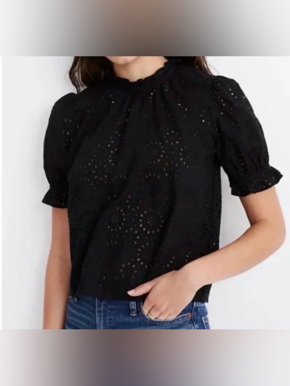 Madewell Women's Eyelet Puff Sleeve Blouse Black Cotton Regular S